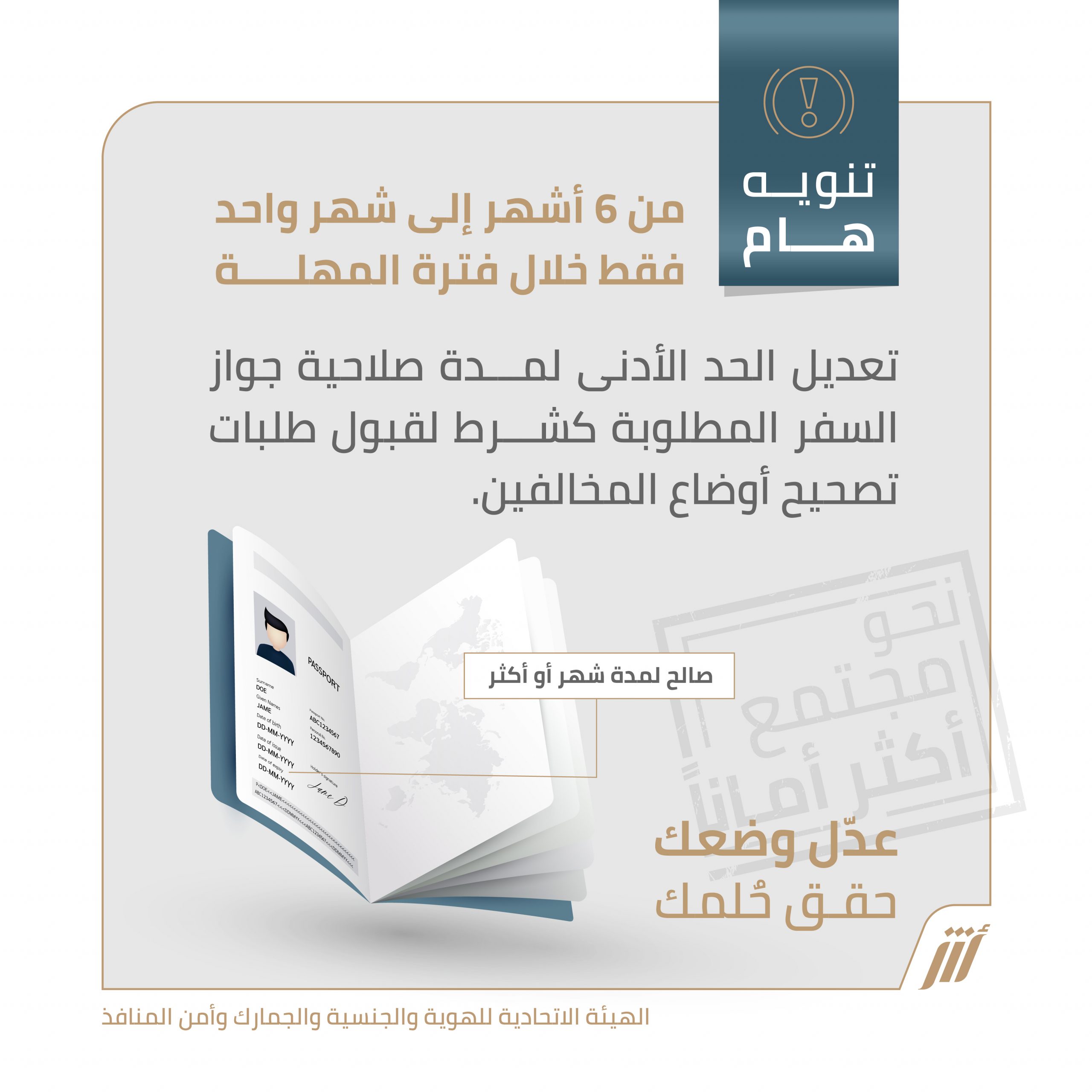 “الهوية والجنسية”: مدة صلاحية جواز السفر شهر بدلًا من 6 أشهر لتمكين المخالفين من تعديل أوضاعهم